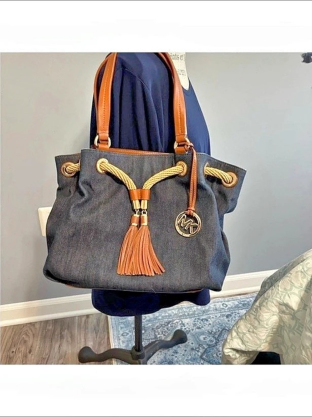 Michael Kors Marina Large Denim Drawstring Tote Tassel Bag